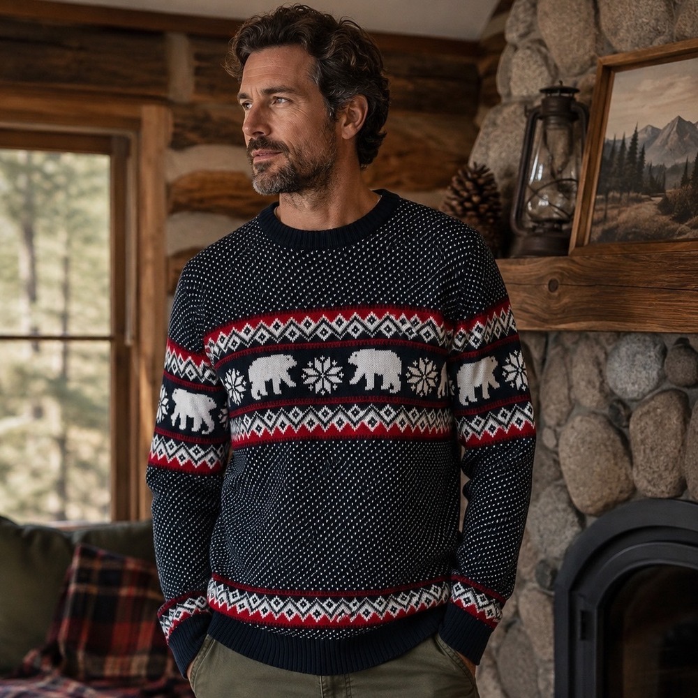 Aspen Mens Polar Bear Fair Isle Sweater Navy Blue Red Nordic Winter Knit Medium